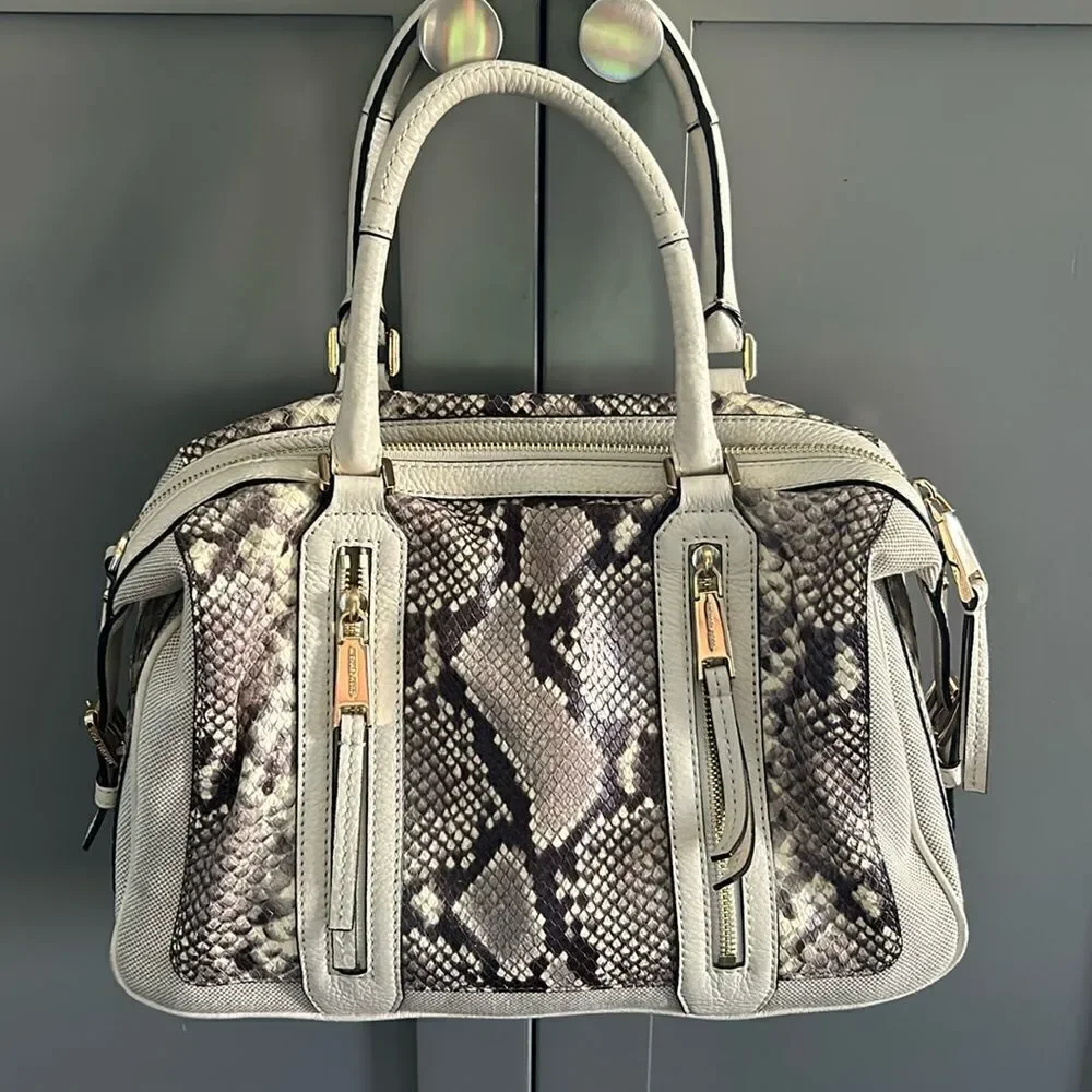 Cream ivory snakeskin style mk Michael Kors tote gold trim purse women bag MK